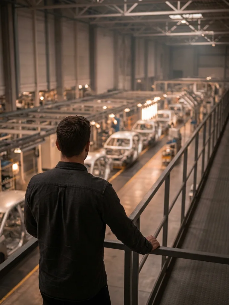 KI-generiertes Symbolbild: Blick über eine Automotive-Logistikhalle